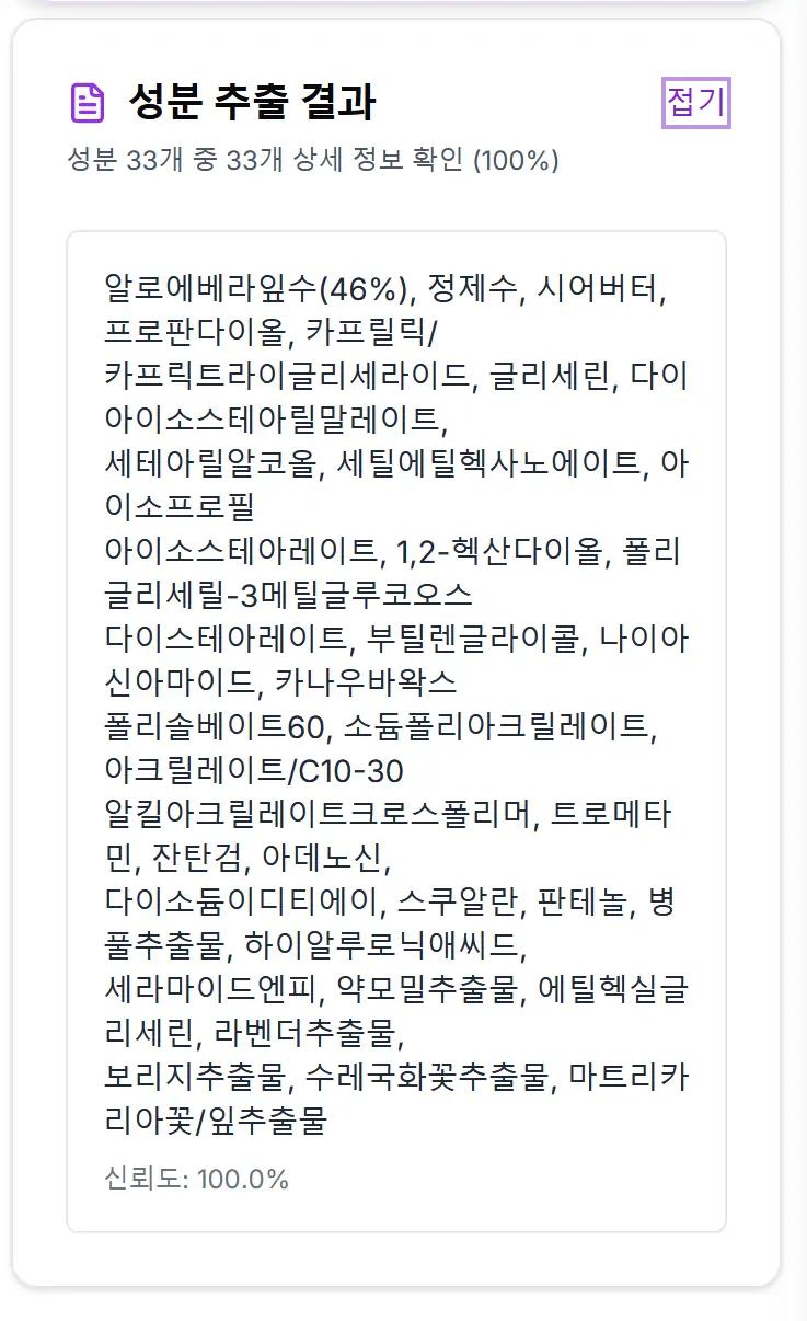 성분 추출 결과 - 뷰틱스랩 AI로 인식된 성분 목록과 신뢰도